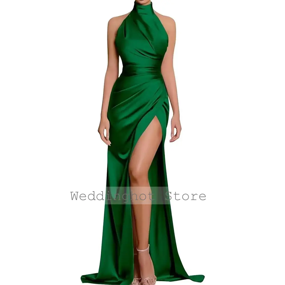 Elegant Evening Dress Brown Satin Halter High Collar Mermaid Evening Gown for Woman 2024 Sleeveless Criss-Cross Split Party Gown