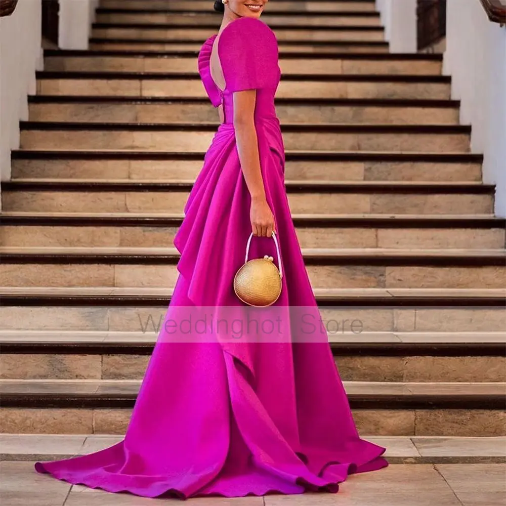Formal Party Dresses for Women Square Collar Short Puffy Sleeves Mini Cocktail Gowns Rose Draped Train Pleated Satin Party Dress