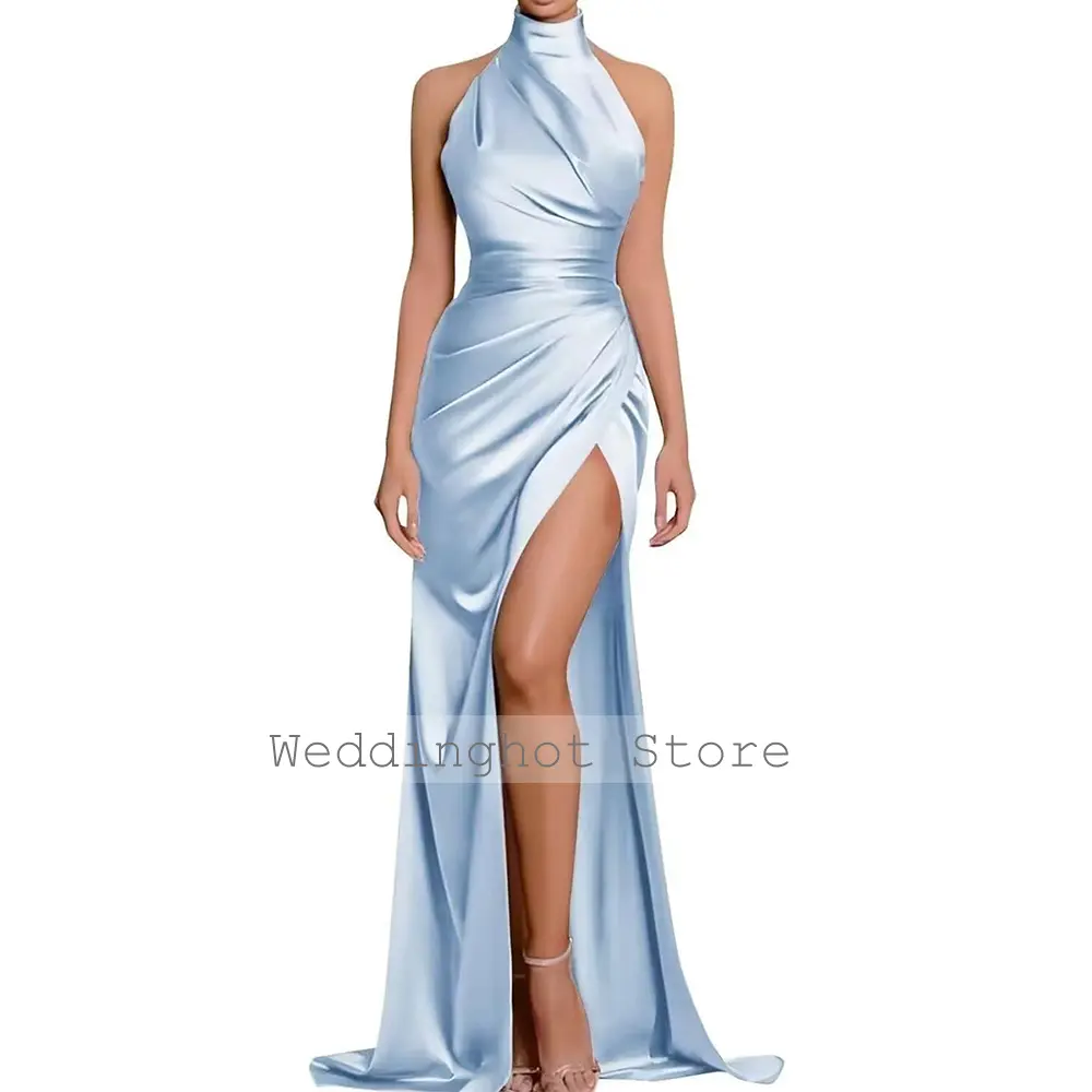 Elegant Evening Dress Brown Satin Halter High Collar Mermaid Evening Gown for Woman 2024 Sleeveless Criss-Cross Split Party Gown