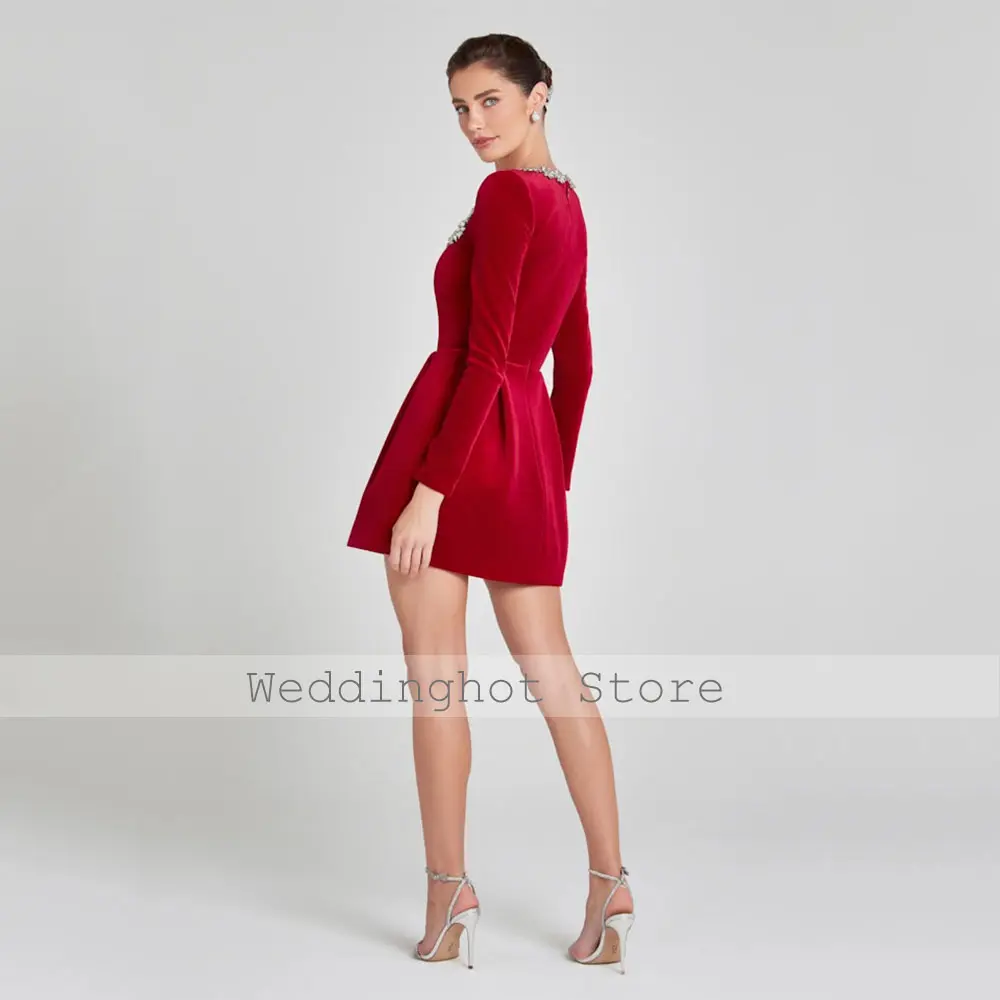 Red Cocktail Dress Crystal Square Collar Long Sleeves Mini Party Gowns for Women 2025 A Line Pockets Velvet Cocktail Gown Short
