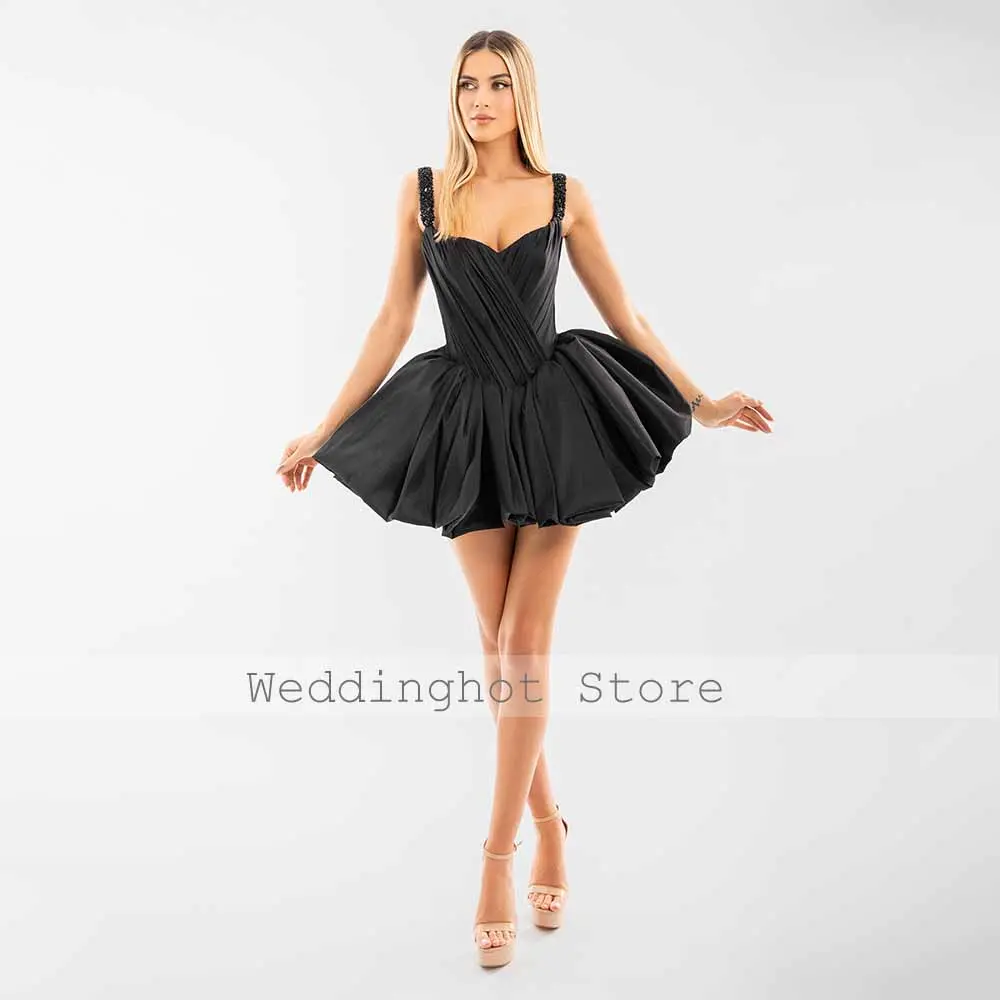 Sexy Cocktail Dresses Black Satin Sweetheart Beading Mini Cocktail Gowns for Women 2025 Ruched Ball Gown Formal Party Dress