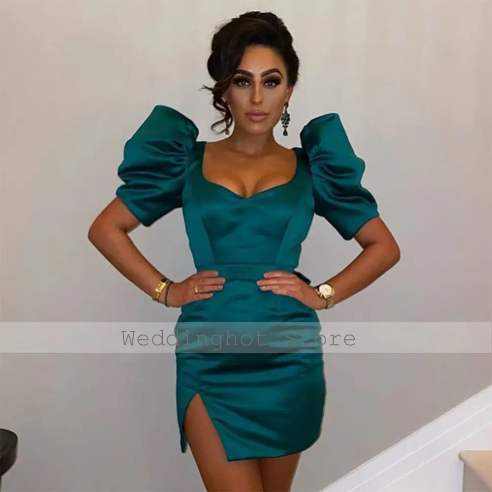 Mini Cocktail Dress Turquoise Stain Puffy Sleeves V Neck Sheath Cocktail Gowns for Women 2024 Column Side Split Short Party Gown