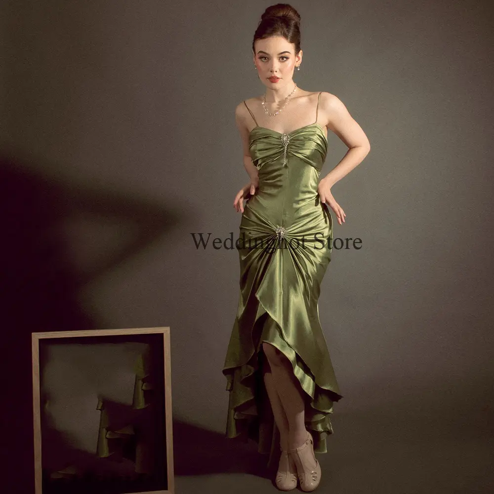 Women's Prom Dress 2025 Spaghetti Straps Mermaid Green Prom Gown Satin Sleeveless Hi-lo Pleat Sexy Party Dresses for Weddings