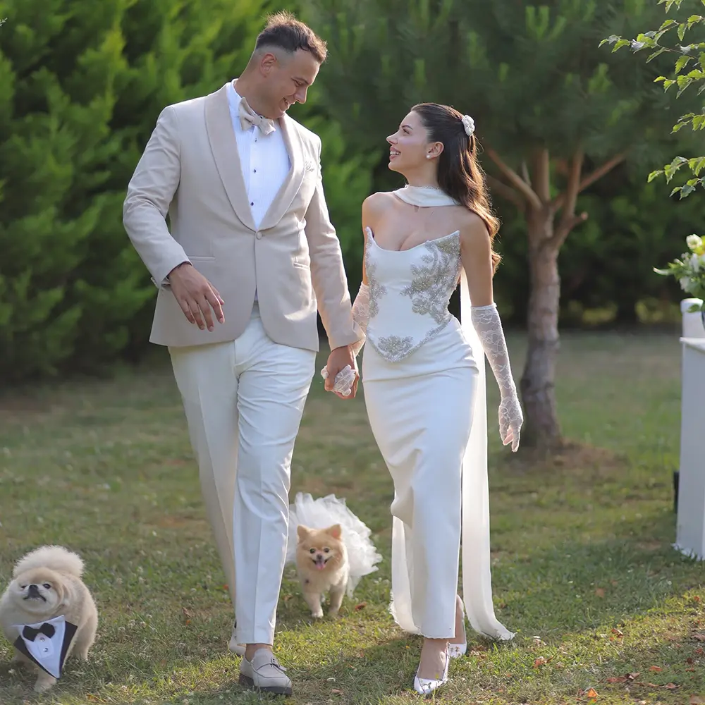 Luxury Wedding Dresses Satin 2 Pieces Ankle Length Scoop Column Wedding Gowns for Women 2025 Lacing Back Split Maxi Bridal Gown