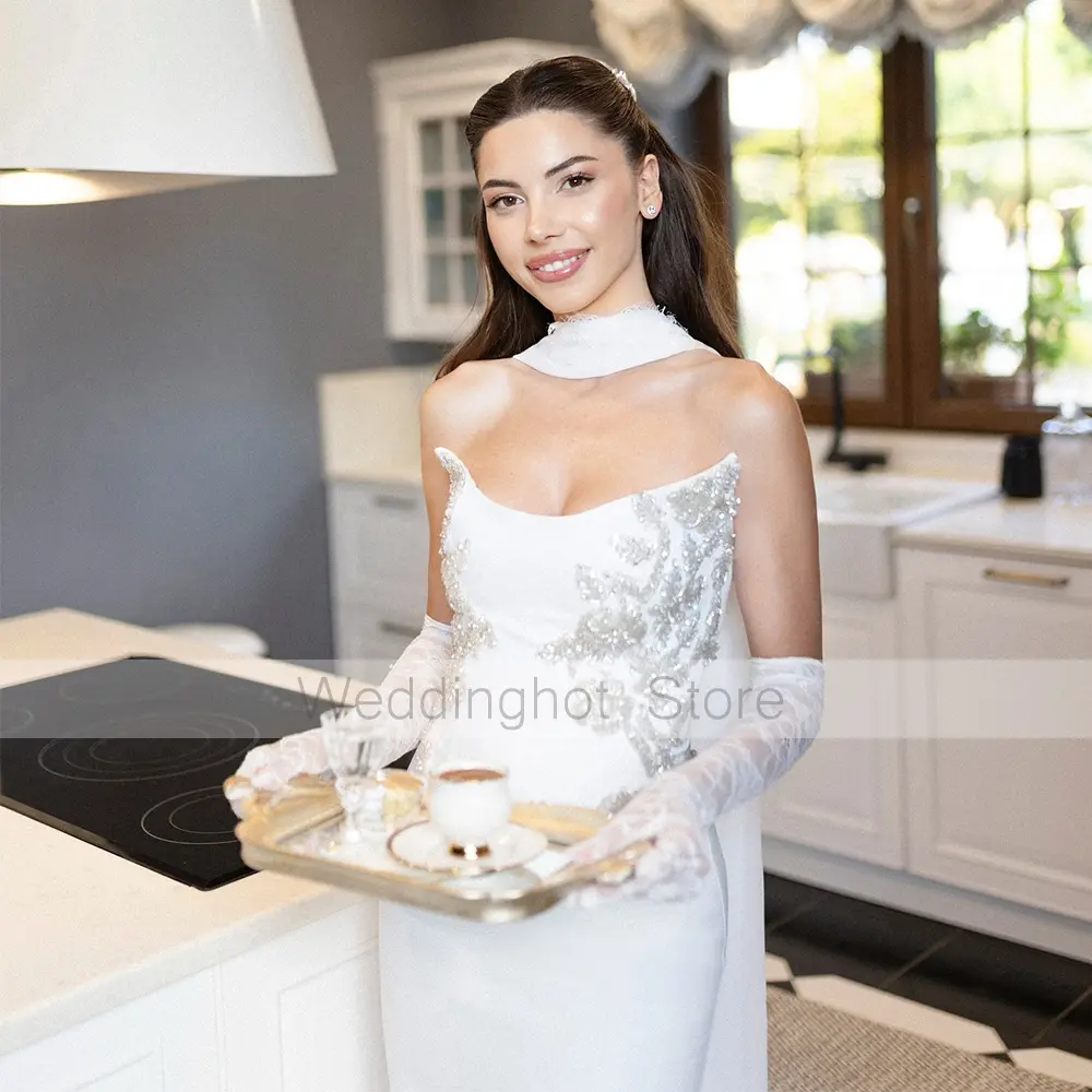 Luxury Wedding Dresses Satin 2 Pieces Ankle Length Scoop Column Wedding Gowns for Women 2025 Lacing Back Split Maxi Bridal Gown