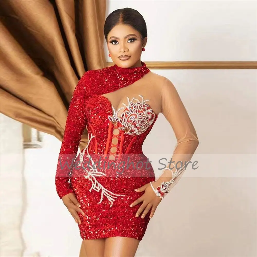 Dubai Cocktail Dresses Red Sparkle Sequin Sexy Evening Gowns Long Sleeves Lace Applique Beading Mini Sheath Birthday Party Dress