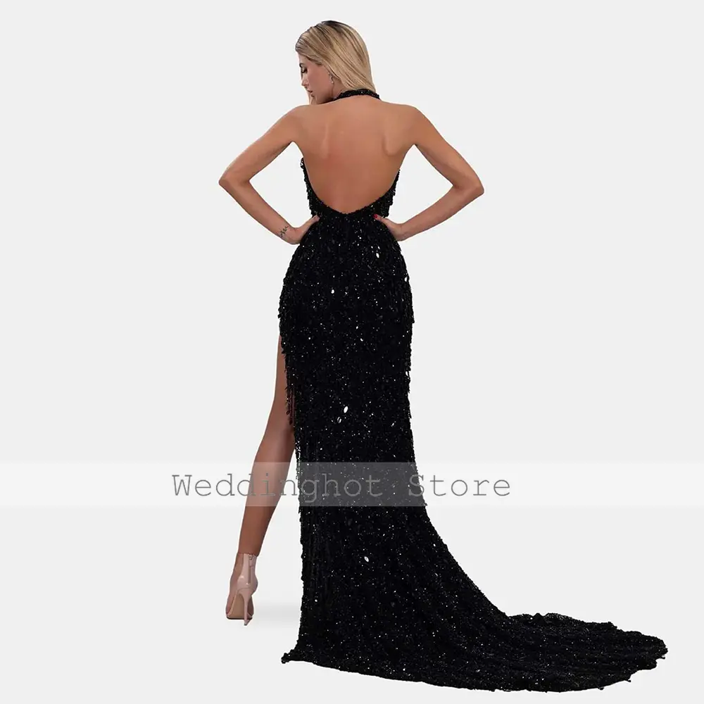 Luxury  Evening Dress Black Beading Tassel Sequined Front Fork Sexy Evening Dresses Sheath Halter 2024 Long Beaded Evening Gowns