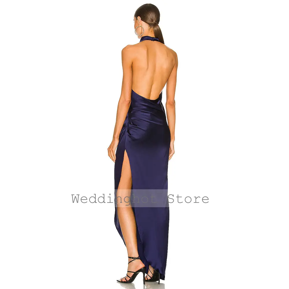 Navy Blue Evening Desses Backless Side Splie Column Sexy Evening Gowns for Women 2024 Sleeveless Halter Simple Party Dress Long