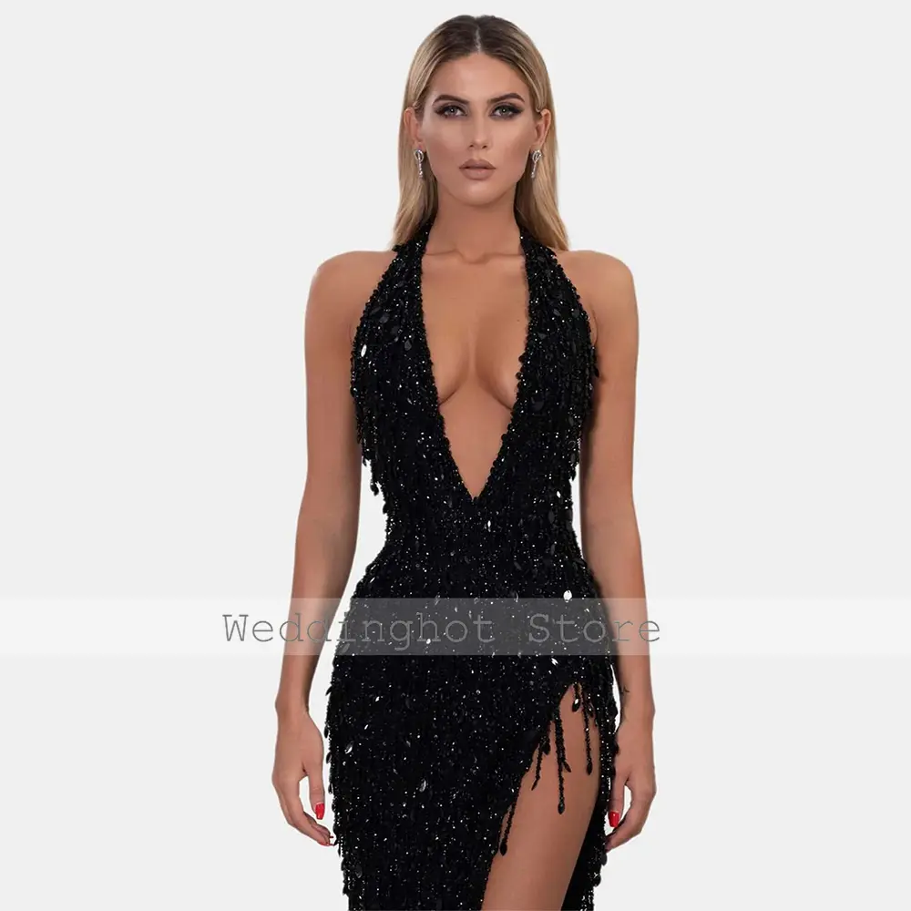 Luxury  Evening Dress Black Beading Tassel Sequined Front Fork Sexy Evening Dresses Sheath Halter 2024 Long Beaded Evening Gowns