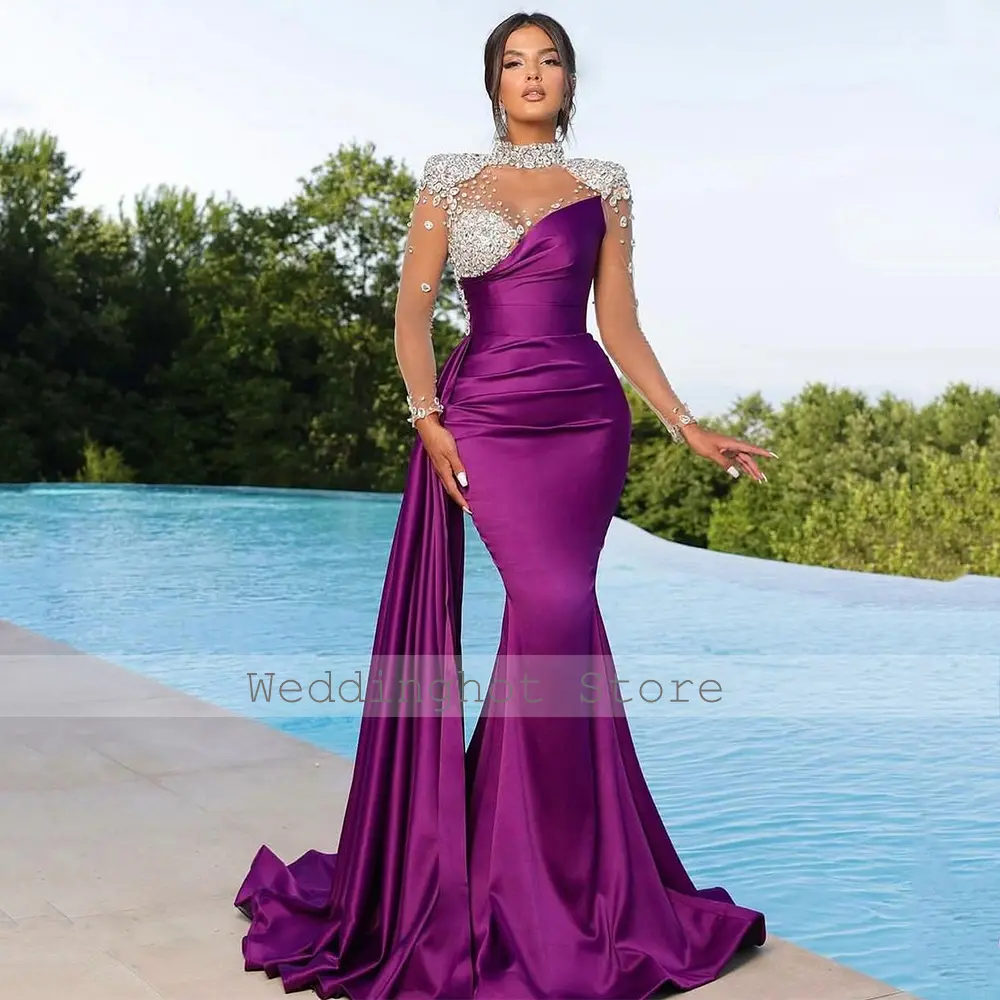 Luxury Evening Dress Crystals Long Sleeves High Collar Mermaid Evening Gowns Orange Satin Draped Trumpet Formal Party Dresses