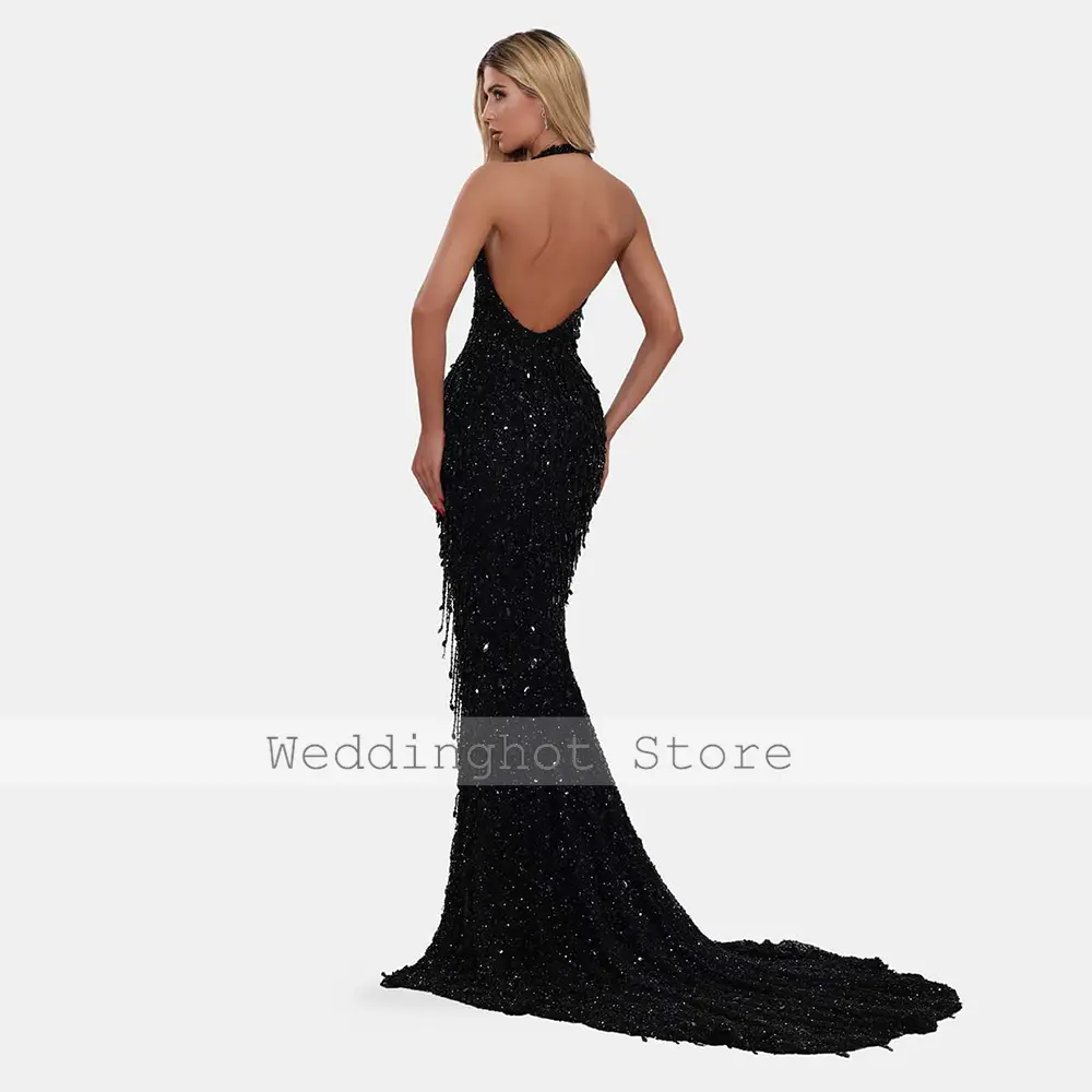 Luxury  Evening Dress Black Beading Tassel Sequined Front Fork Sexy Evening Dresses Sheath Halter 2024 Long Beaded Evening Gowns