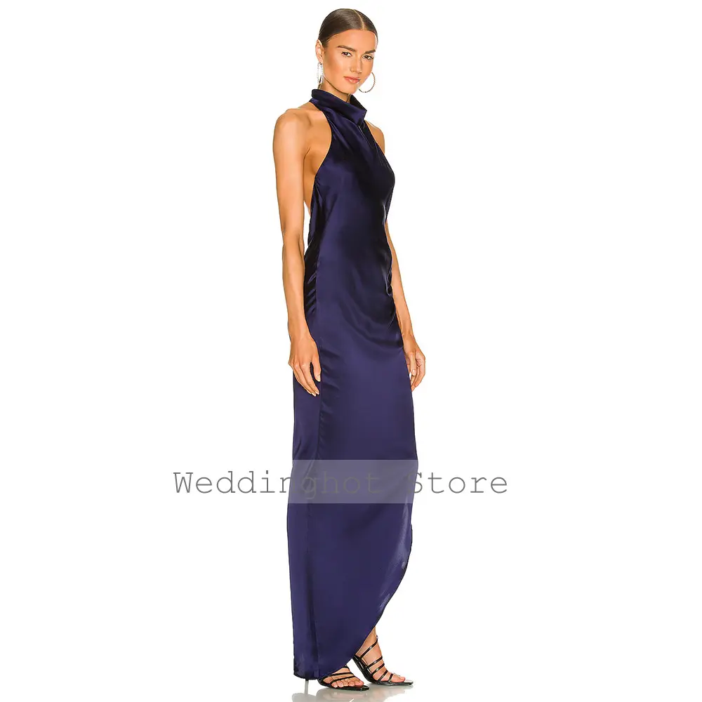 Navy Blue Evening Desses Backless Side Splie Column Sexy Evening Gowns for Women 2024 Sleeveless Halter Simple Party Dress Long