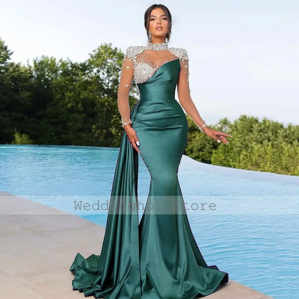 Luxury Evening Dress Crystals Long Sleeves High Collar Mermaid Evening Gowns Orange Satin Draped Trumpet Formal Party Dresses