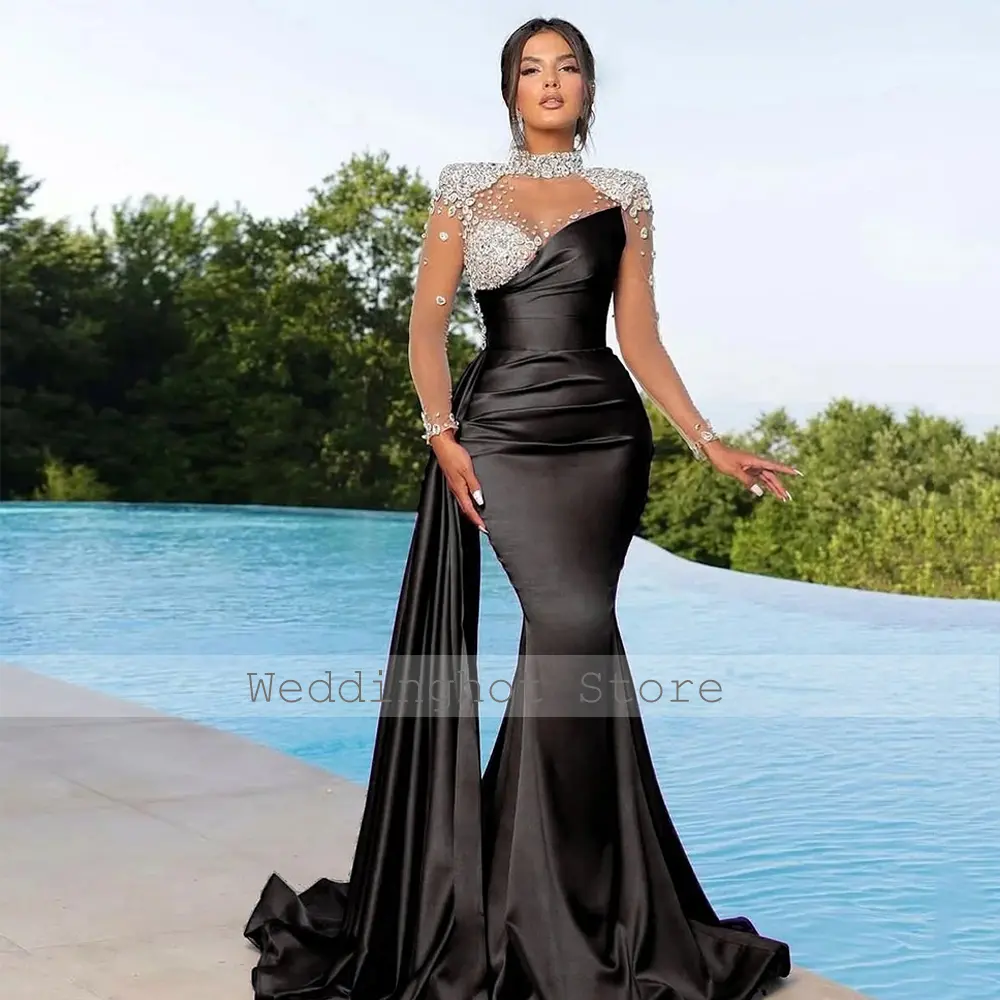 Luxury Evening Dress Crystals Long Sleeves High Collar Mermaid Evening Gowns Orange Satin Draped Trumpet Formal Party Dresses