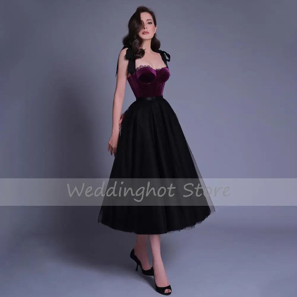 Simple A Line Cocktail Dresses Midi Sweetheart Purple Black Cocktail Gowns for Women 2024 Tulle Belt Bow Lace Homecoming Dress