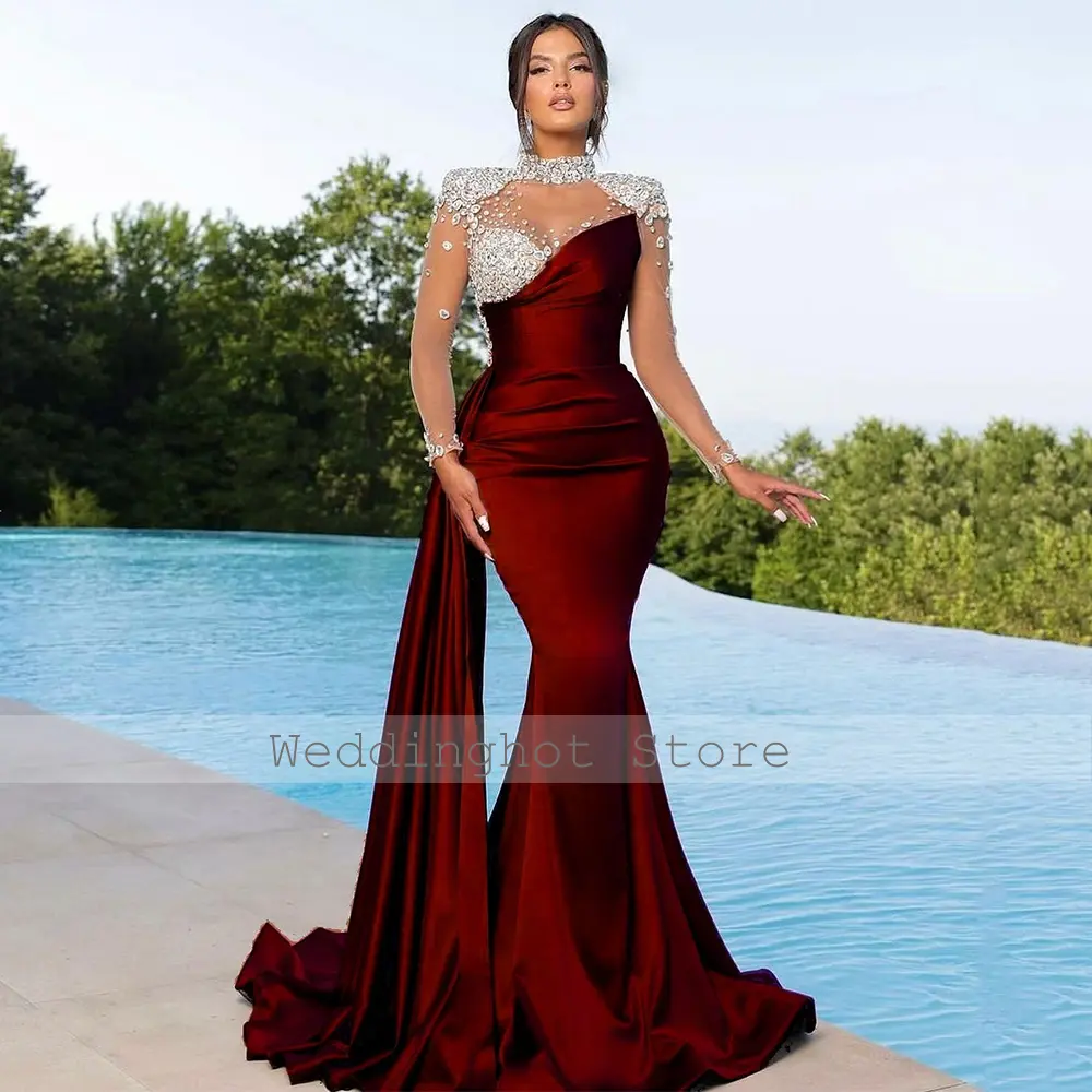 Luxury Evening Dress Crystals Long Sleeves High Collar Mermaid Evening Gowns Orange Satin Draped Trumpet Formal Party Dresses