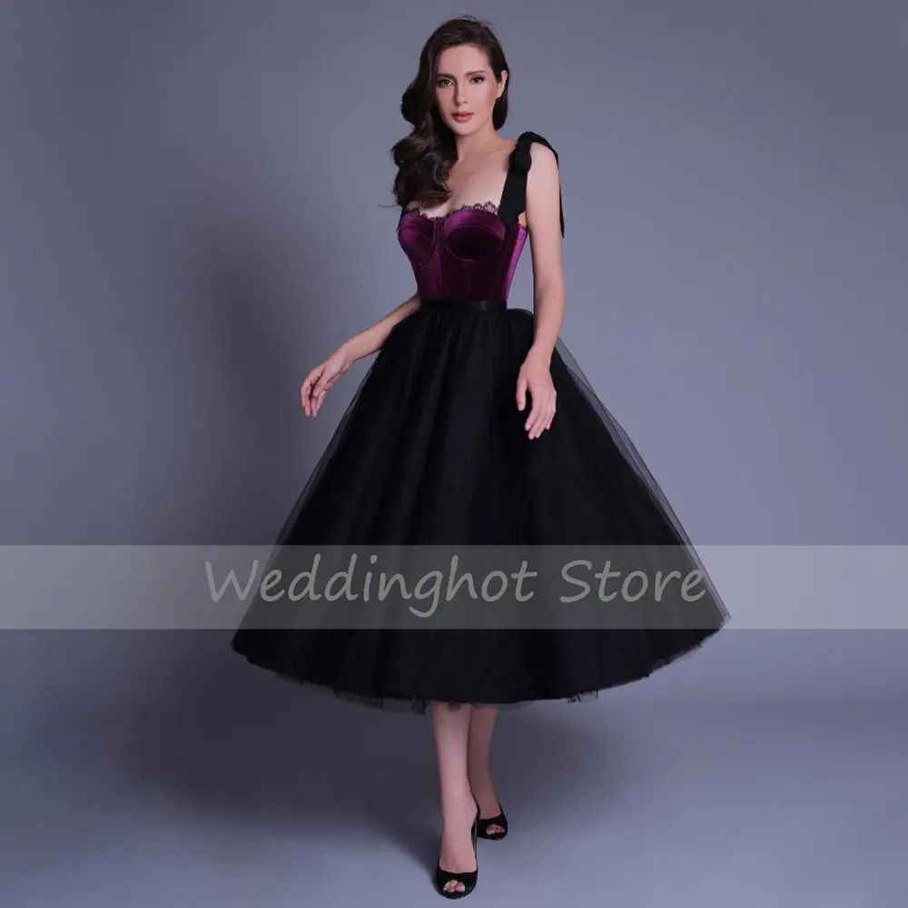 Simple A Line Cocktail Dresses Midi Sweetheart Purple Black Cocktail Gowns for Women 2024 Tulle Belt Bow Lace Homecoming Dress