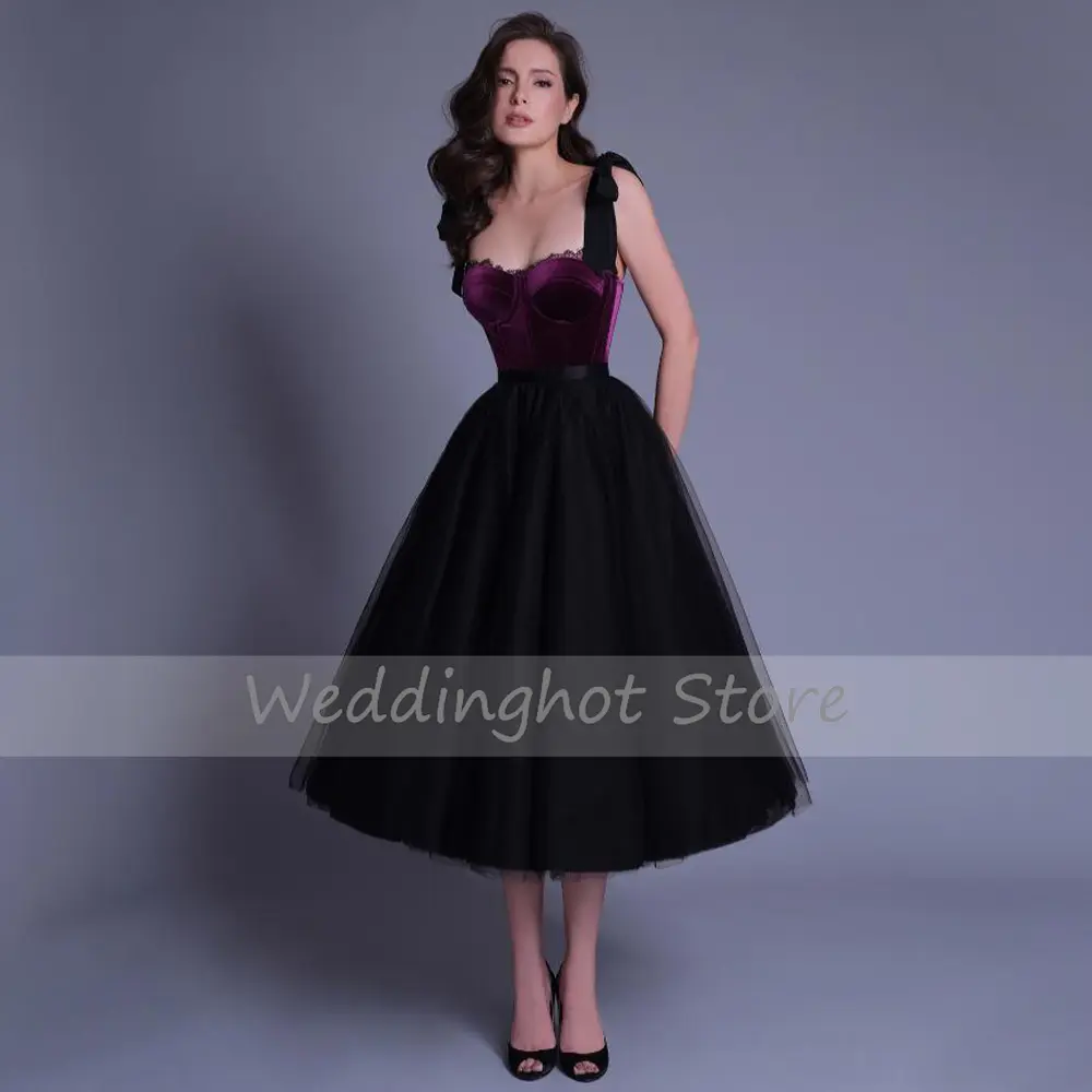 Simple A Line Cocktail Dresses Midi Sweetheart Purple Black Cocktail Gowns for Women 2024 Tulle Belt Bow Lace Homecoming Dress