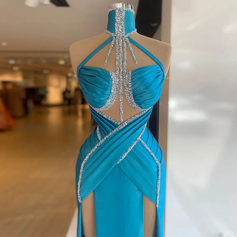 Blue Evening Dresses 2023 Women Gorgeous Beading Mermaid Prom Gowns Halter Illusion Side Split  Sexy Party Dress Robes De Soiree