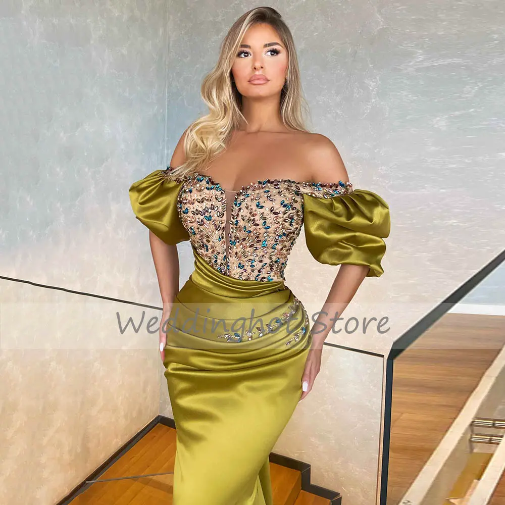Beading Mermaid Evening Dresses 2021 Sexy Satin V-Neck Side Split Ball Gown Elegant Off-The-Shoulder Party Dress robes de soirée