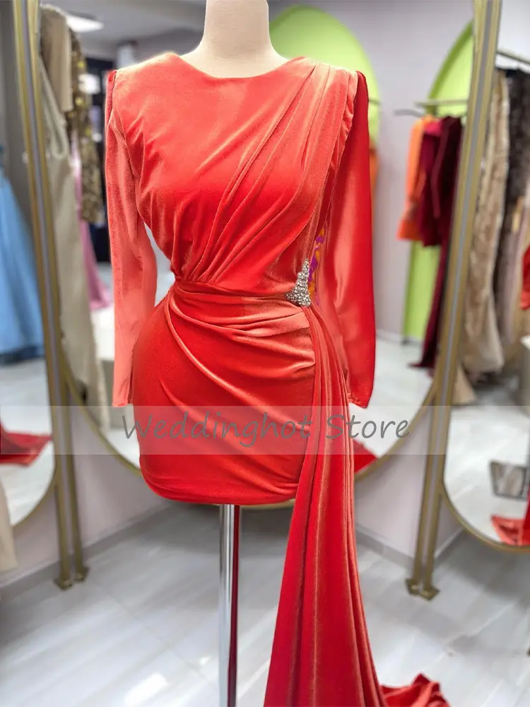 Orange Red Velvet Cocktail Dresses for Women O Neck Long Sleeves 2024 Cocktail Gown Mini Column/Sheath Crystal Party Dress Short