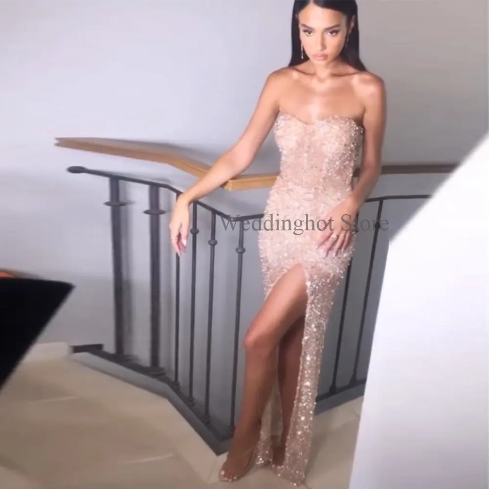 Sequin Prom Dress for Women 2023 Sweetheart Sleeveless Sexy Prom Gown Long Thigh Slit Backless Strapless Formal Party  Dresses