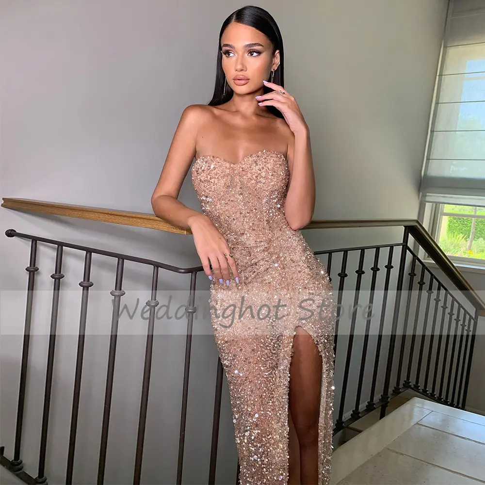 Sequin Prom Dress for Women 2023 Sweetheart Sleeveless Sexy Prom Gown Long Thigh Slit Backless Strapless Formal Party  Dresses