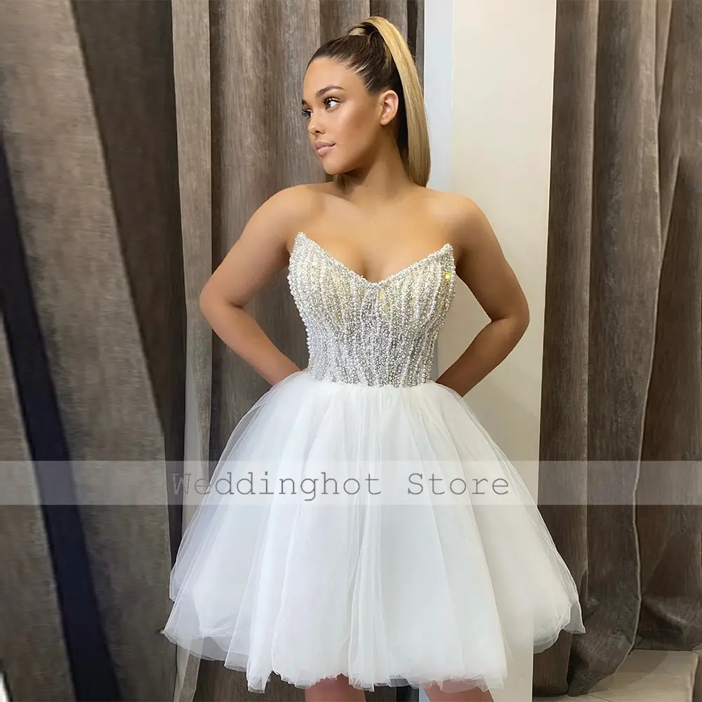 Exquisite Gowns for Women 2024 Bride White Net Pearl Beading Ruched A-line Sweetheart Above Knee Dresses Long Beaded Gowns