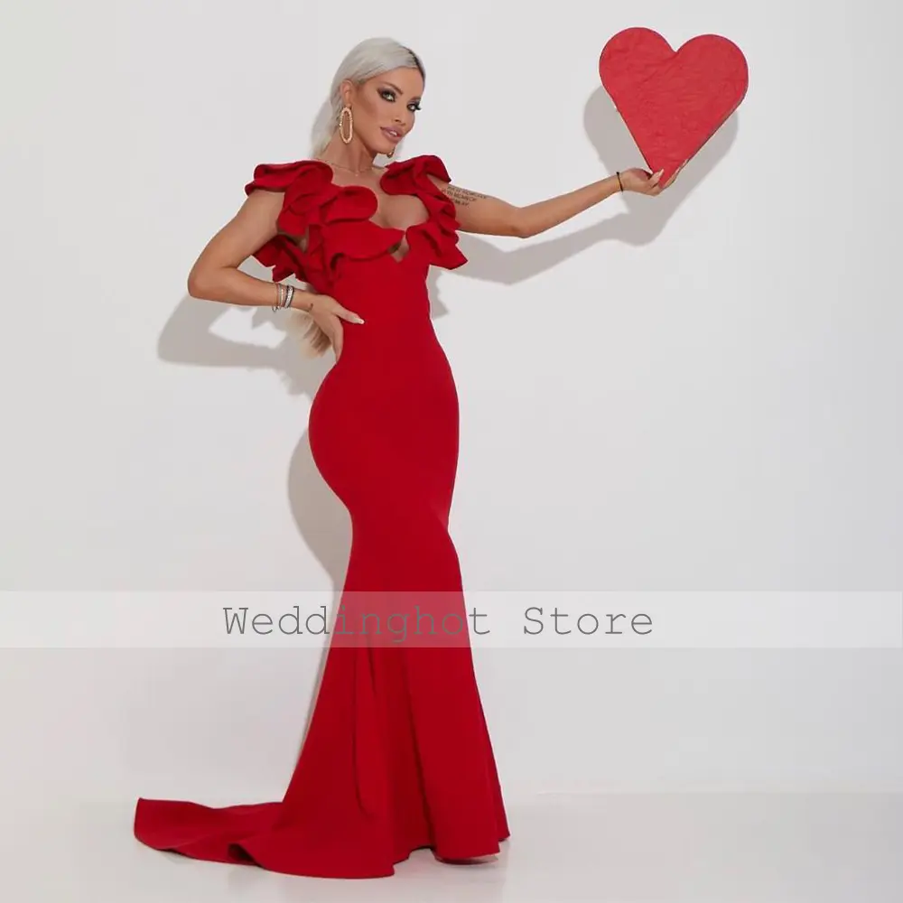 Mermaid Evening Dress Red Ruffle V Neck Trumpet Elegant Formal Party Gowns for Women 2024 Sleeveless Prom Dresses Long