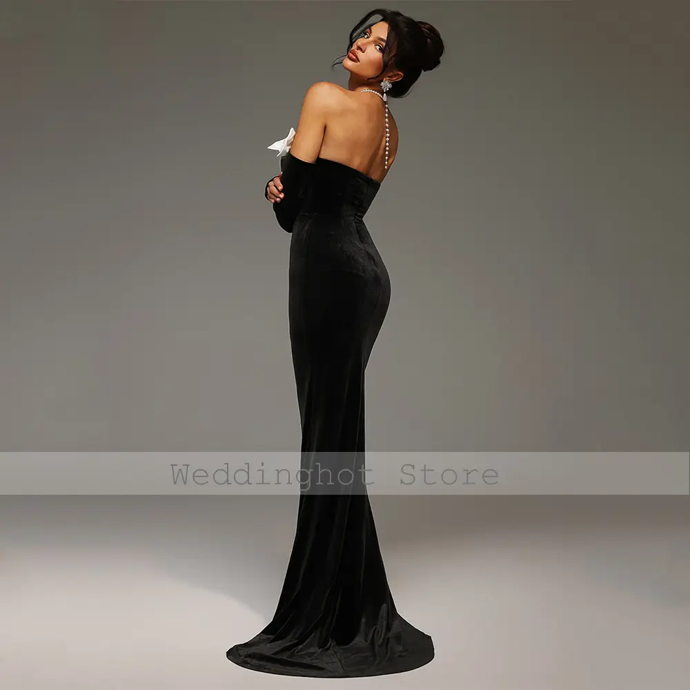 Black Velvet Evening Dress with Gloves Ivory Flowers Bows Strapless Mermaid Evening Gowns Long Backless Trumpet Formal Dresses