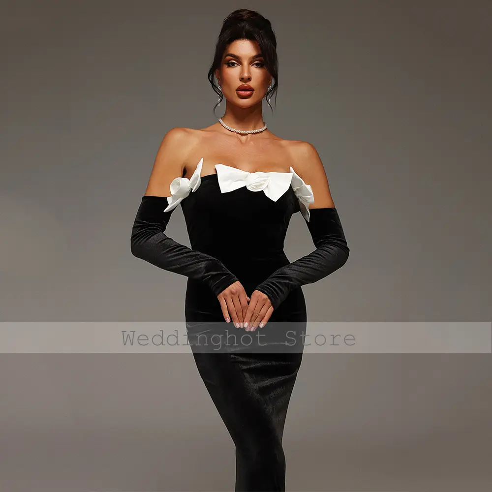 Black Velvet Evening Dress with Gloves Ivory Flowers Bows Strapless Mermaid Evening Gowns Long Backless Trumpet Formal Dresses