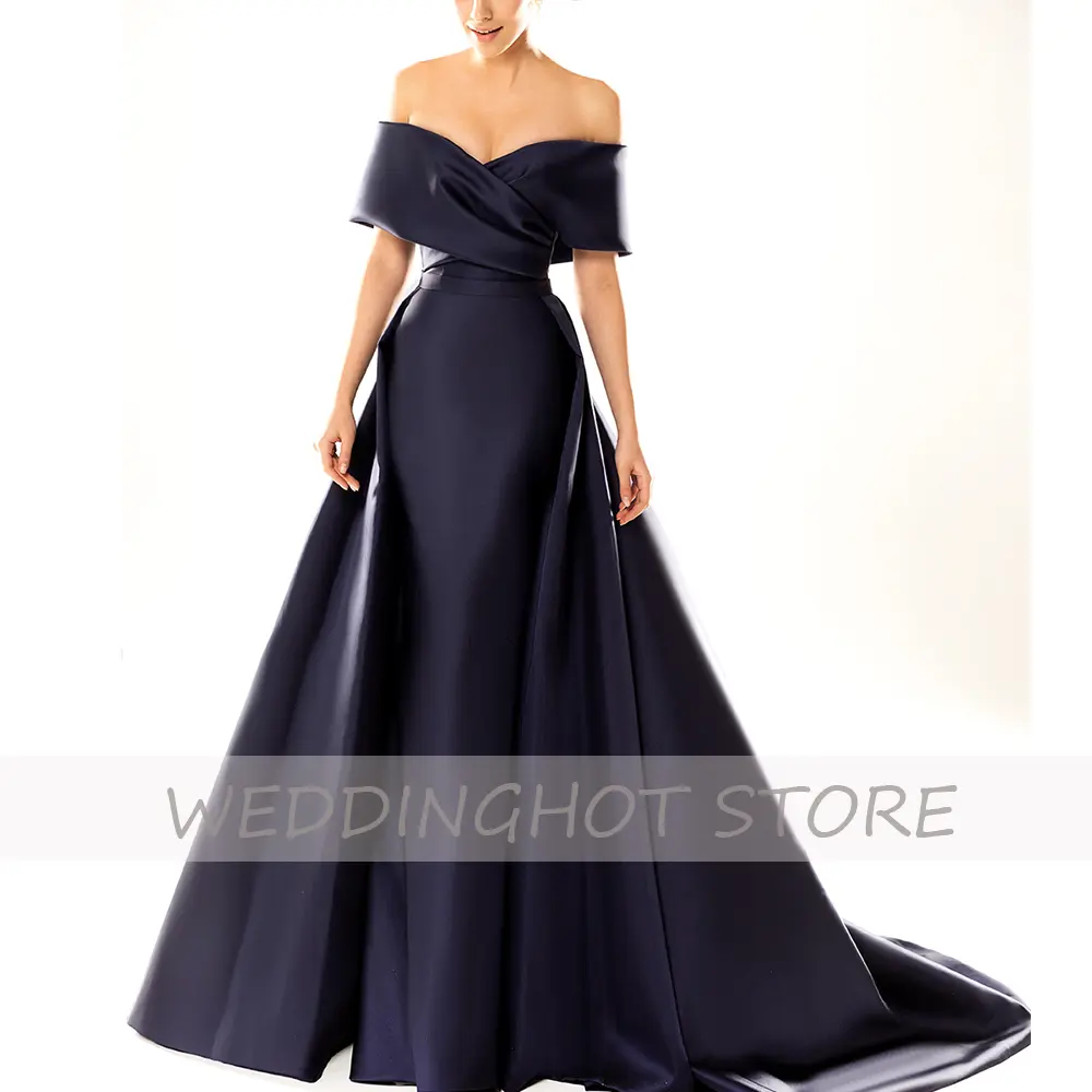 Red Mermaid Evening Dresses Long Luxury 2023 Women Satin Elegant Detachable Train Prom Gowns V-Neck Celebrity Robes De Soirée