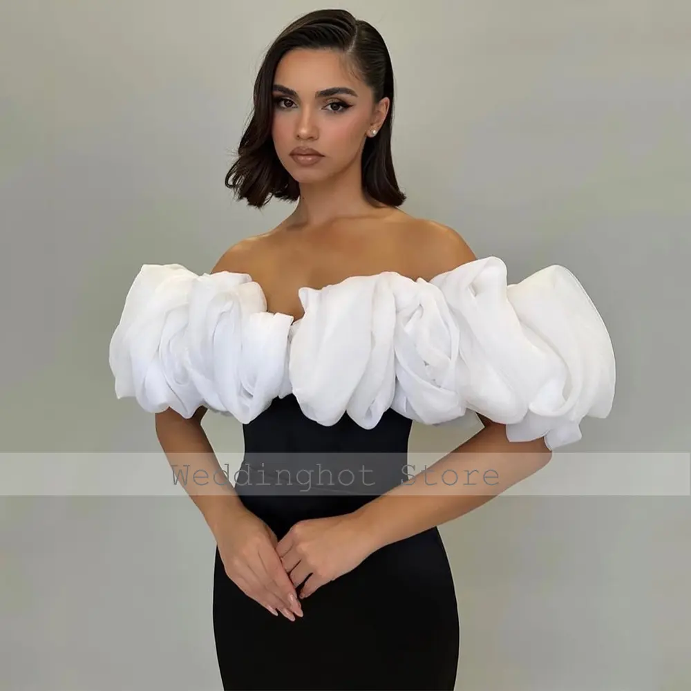 Modern Evening Dress Black Satin White Ruffle Off the Shoulder Mermaid Evening Gown Long Sweep Train Women's Formal Party Gowns