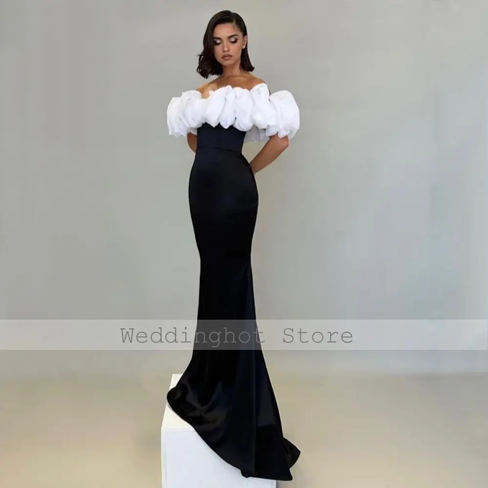 Modern Evening Dress Black Satin White Ruffle Off the Shoulder Mermaid Evening Gown Long Sweep Train Women's Formal Party Gowns