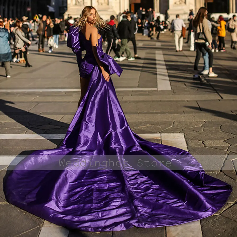 Sexy Cocktail Dresses Purple Big Bow Lantern Sleeve Rhinestone Birthday Party Dresses Sheath One-shoulder Cocktail Gowns Mini