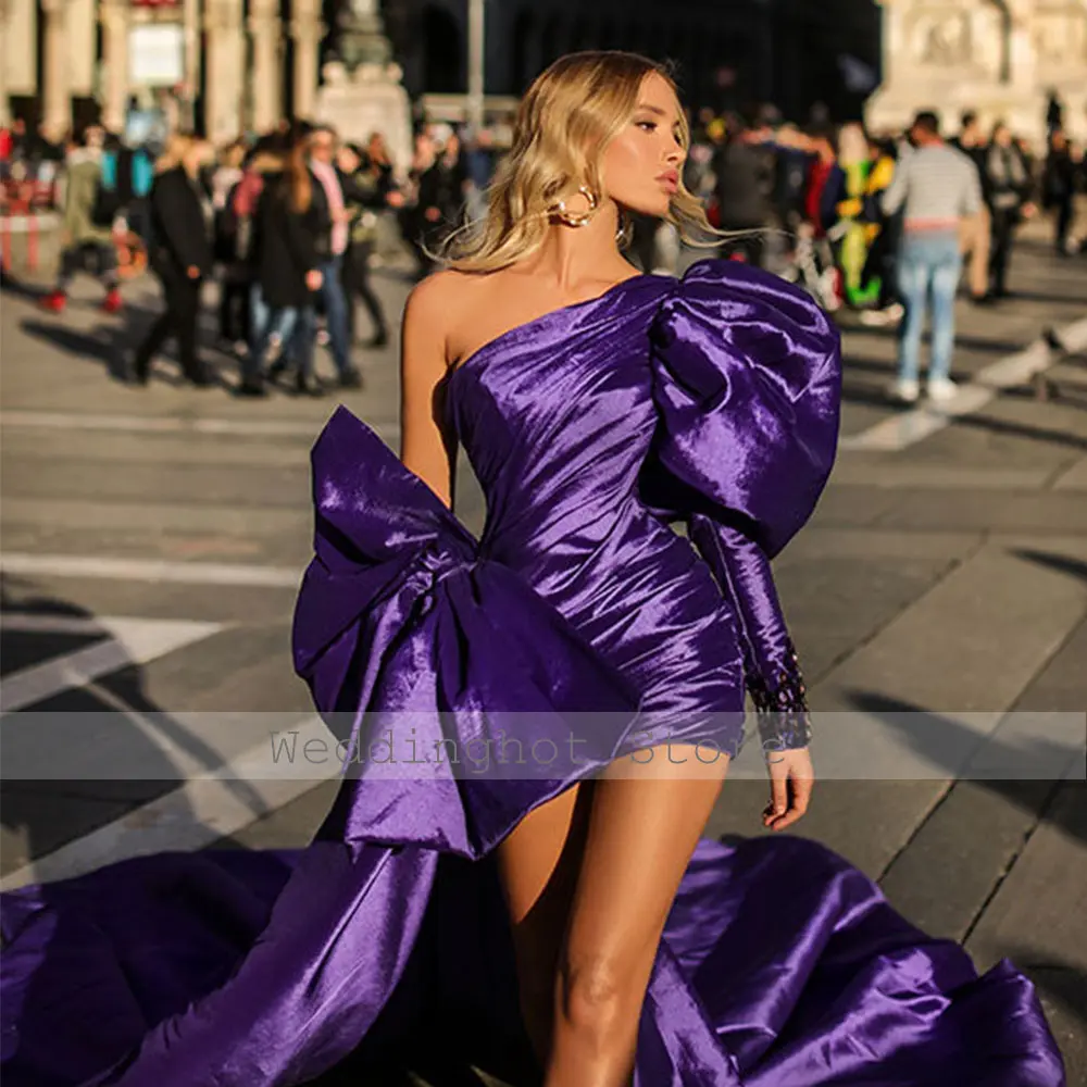 Sexy Cocktail Dresses Purple Big Bow Lantern Sleeve Rhinestone Birthday Party Dresses Sheath One-shoulder Cocktail Gowns Mini