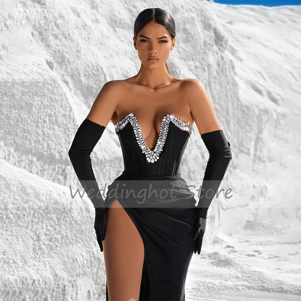 Sexy Evening Dress Black Spandex Crystal V Neck High Split Backless Women's Evening Gowns Long Floor Length Mermaid Prom Dresses