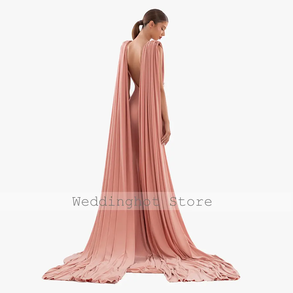 Women's Evening Dresses Pink Spandex Deep V Neck Beading Mermaid Evening Gowns Long Draped Backless Trumpet Formal Party Dress