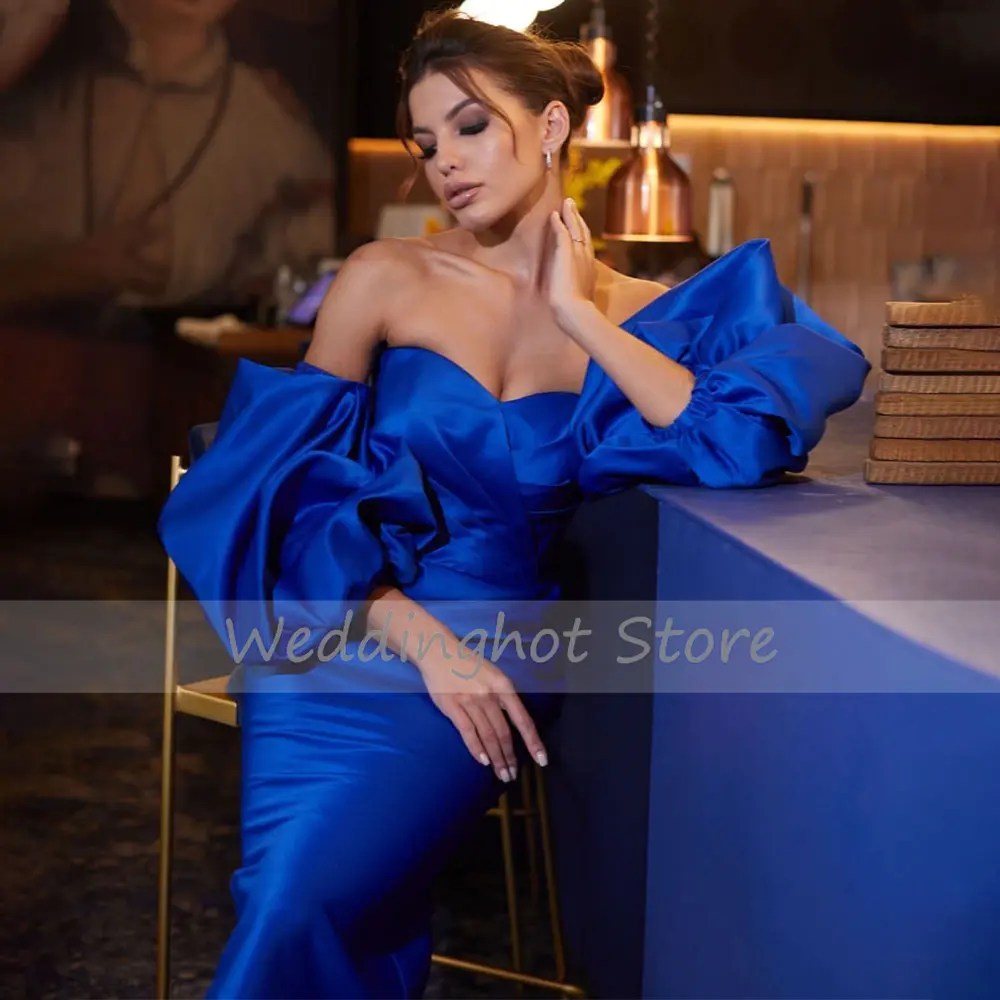 Satin Cocktail Dresses for Women Dark Blue Off the Shoulder Cocktail Gown Midi Tea Length Sweetheart Puff Sleeves Evening Dress