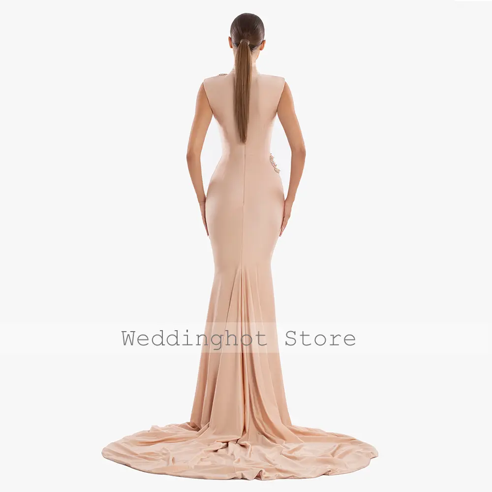 Mermaid Evening Dress Champagne High Collar Beaded Applique Illusion Evening Gowns for Women 2025 Sleeveless Trumpet Formal Gown