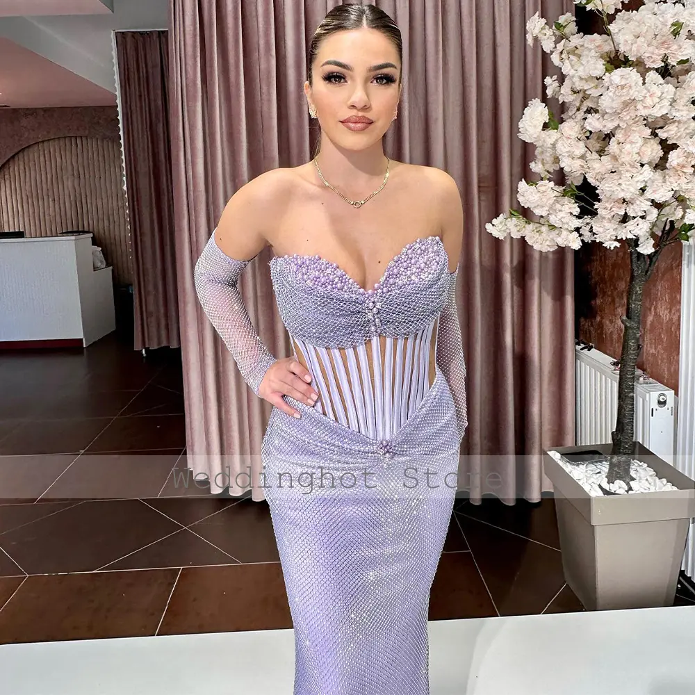 Luxurious Evening Dress Sparkle Crystal Mermaid Sweetheart Pearls Evening Gowns Long Lavender Trumpet Illusion Woman's Prom Gown