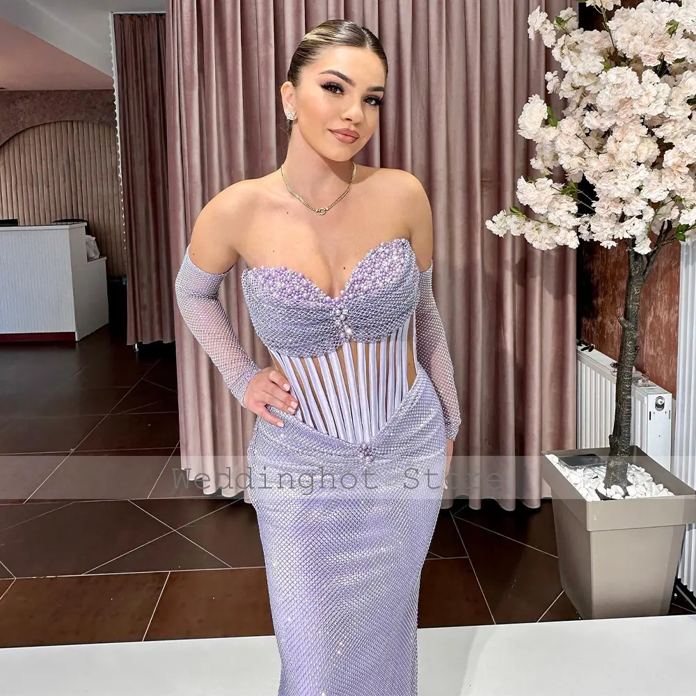 Luxurious Evening Dress Sparkle Crystal Mermaid Sweetheart Pearls Evening Gowns Long Lavender Trumpet Illusion Woman's Prom Gown