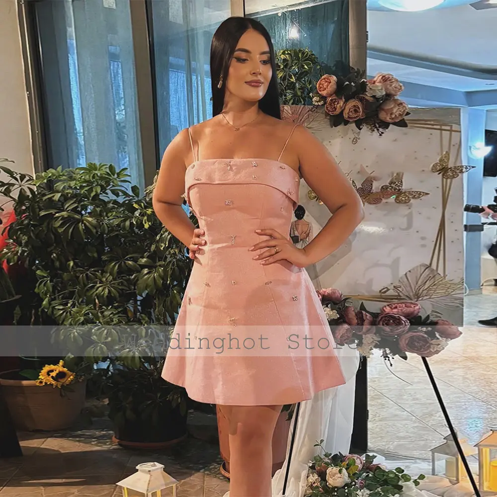 Pink Cocktail Dresses for Women 2024 Spaghetti Straps A Line Mini Cocktail Gowns Crystal Sleeveless Satin Engagement Dress Short