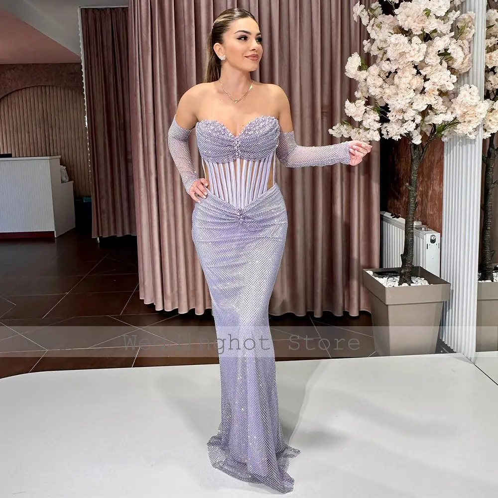 Luxurious Evening Dress Sparkle Crystal Mermaid Sweetheart Pearls Evening Gowns Long Lavender Trumpet Illusion Woman's Prom Gown