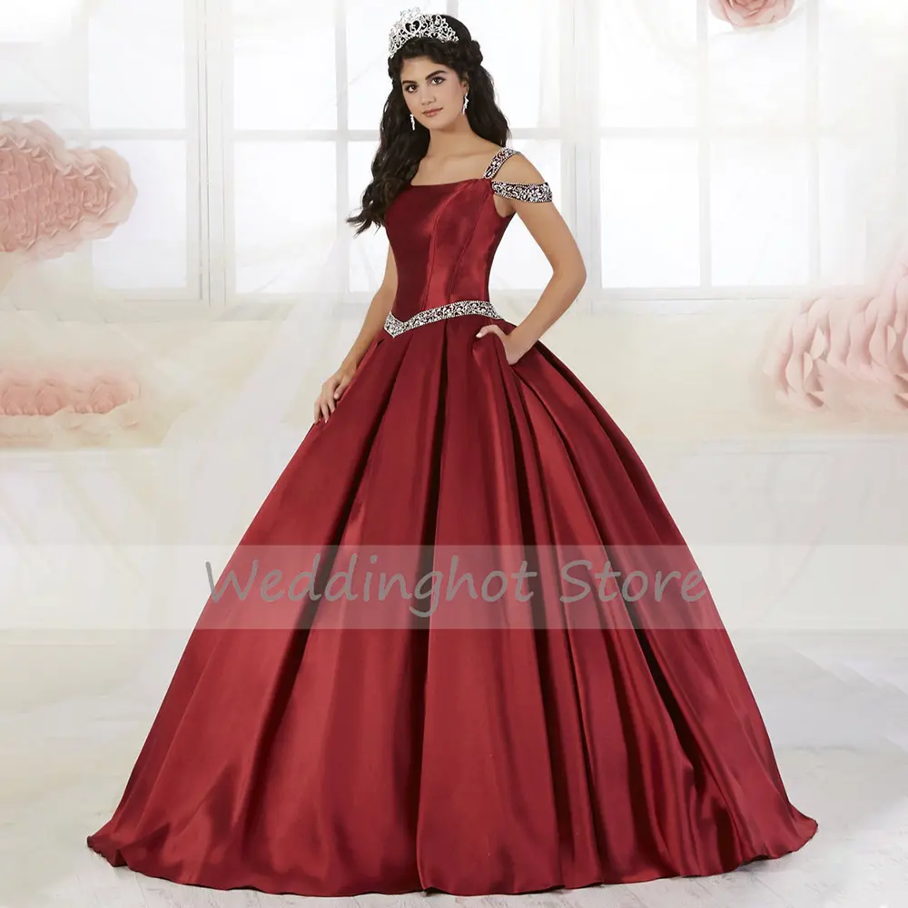 Burgundy Quinceanera Dress with Pockets 2023 Beading Straps Luxury Quinceanera Gown Satin Floor Length Ball Gown Sweet 16 Dress