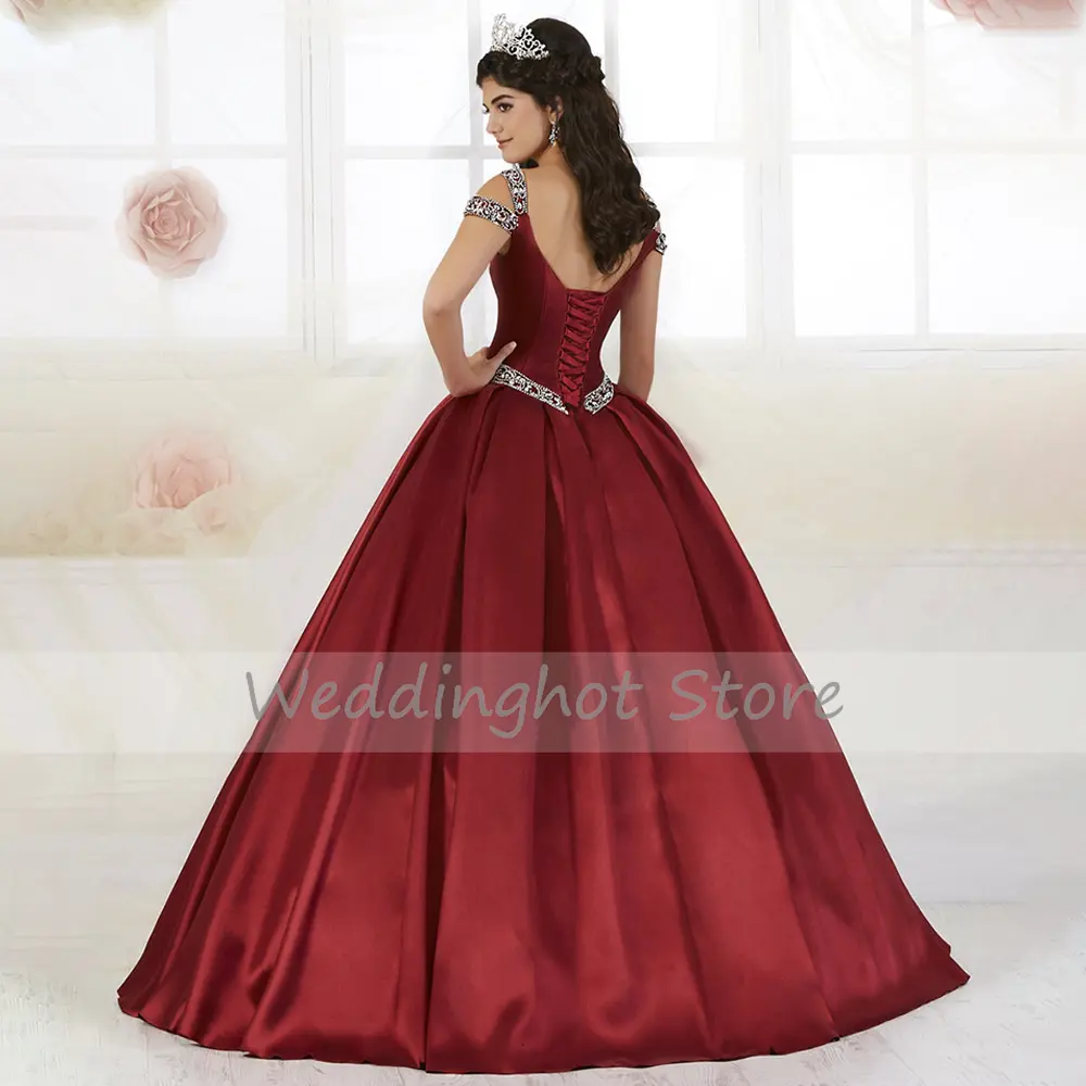 Burgundy Quinceanera Dress with Pockets 2023 Beading Straps Luxury Quinceanera Gown Satin Floor Length Ball Gown Sweet 16 Dress