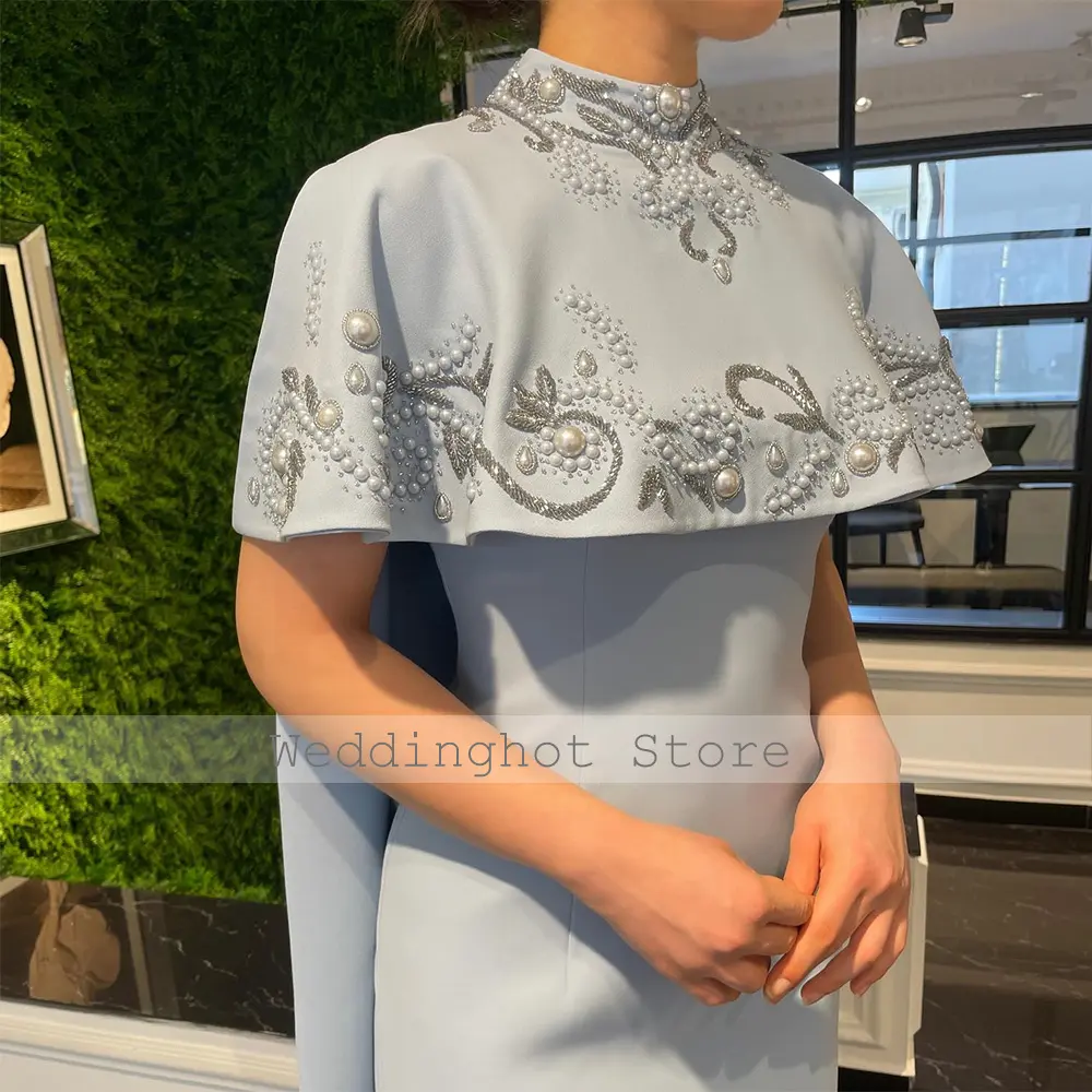 Luxury Evening Dress Baby Blue Satin Beading Cape High Collar Column Evening Gowns for Women Pearls Wedding Guest Dresses Long