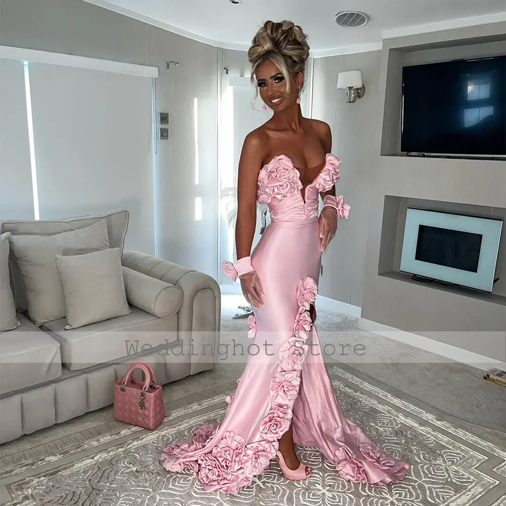 Satin Evening Dresses Pink Deep V Neck Side Slit Mermaid Sexy Evening Gowns for Women 3D Flowers Backless Lace Up Prom Dress