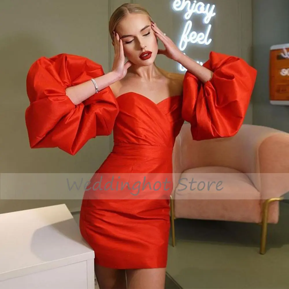 Dusty Pink Satin Evening Party Dresses Detachable Puff Sleeves Sweetheart Pleats Short Prom Gowns 2021 Modern vestidos de fiesta