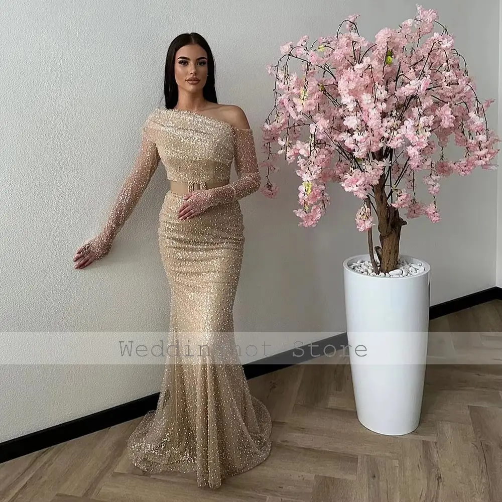 Champagne Evening Dresses for Women One Shoulder Long Sleeves Luxury Formal Gowns Mermaid Beading Sequined Trumpet Prom Dresses